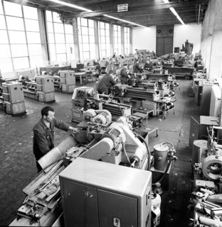 Older workers are retrained in metal trades as locksmiths and lathe operators in the Krupp AG workshops in Bochum in 1967