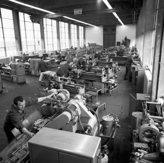 Older workers are retrained in metal trades as locksmiths and lathe operators in the Krupp AG workshops in Bochum in 1967