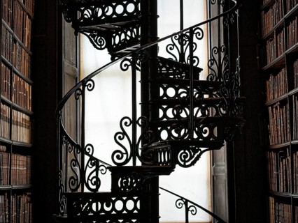 Spiral staircase and bookshelves