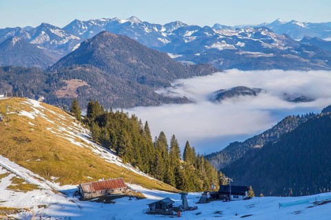 View into the foggy Inn valley