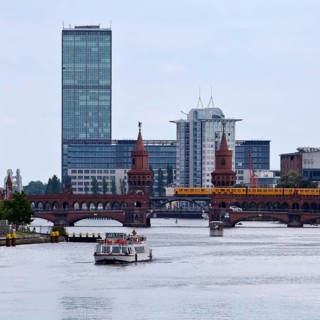 Spree with Oberbaum Bridge and Treptowers high-rise