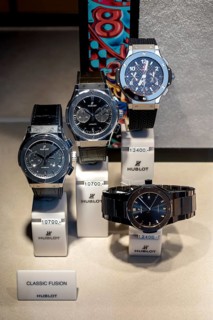 High-quality watches of the luxury brand Hublot in the shop window with price tag