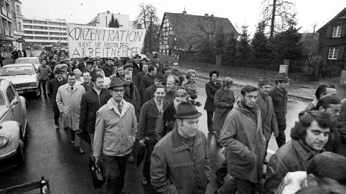 Employees of the Duesseldorf -Reisholz steel and tube works demonstrated on 6 November 1973 in Langenfeld-Immigrath against the loss of jobs