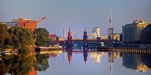 Spree in the early morning with Oberbaum Bridge and TV Tower