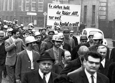 4000 workers of the steelworks Suedwestfalen AG took to the streets in Hagen on 4 October 1971 to protest for their jobs