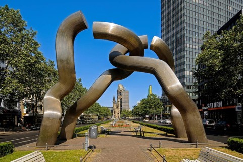 Tauentzienstrasse with Berlin artwork and view of the Kaiser Wilhelm Memorial Church