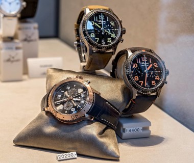High-quality watches of the luxury brand Breguet in the shop window with price tag