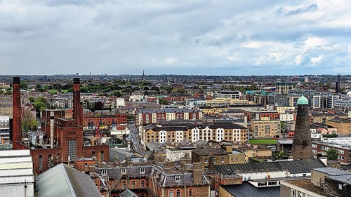 Panoramic view of the city's houses and rooftops from the rooftop bar