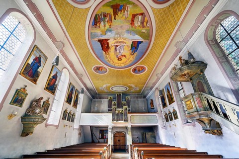 Organ loft and ceiling frescoes