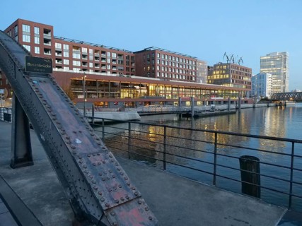 The Busanbruecke in Hamburg's Hafencity and in the background the Elbtorpromenade
