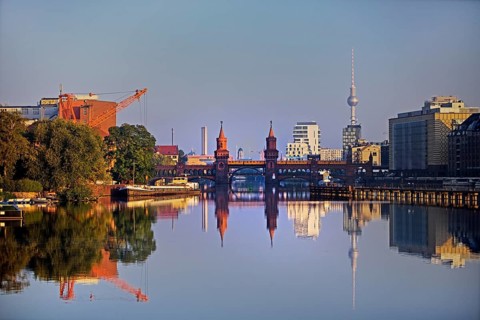 Spree in the early morning with Oberbaum Bridge and TV Tower