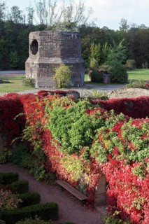 Bunker gardens overgrown with wild vines in autumn colours