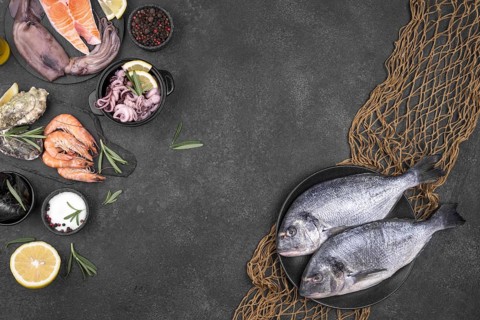 Ingredients seafood with fish net copy space
