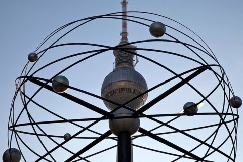 Planetary model of the Urania world time clock with television tower