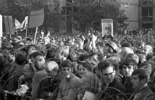 Far-reaching peaceful protests by students at the University of Muenster during the 1968 election campaign were answered by the police with the use of water cannons