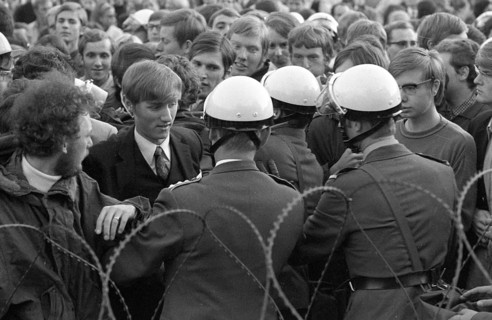 Far-reaching peaceful protests by students at the University of Muenster during the 1968 election campaign were answered by the police with the use of water cannons