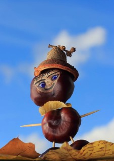 Smart chestnut figure with hat in the blue sky