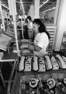 Women's workplaces at Siemens on 22. 11. 1973 during the production of telephone sets in Bocholt