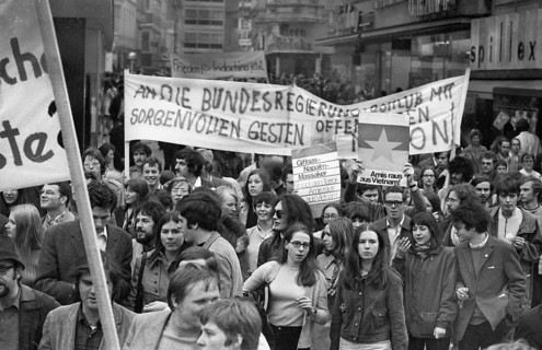 Predominantly students demonstrated for a hands off Laos in 1970 in Bonn against the deployment of the US army in Indochina