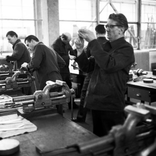 Older workers are retrained in metal trades as locksmiths and lathe operators in the Krupp AG workshops in Bochum in 1967