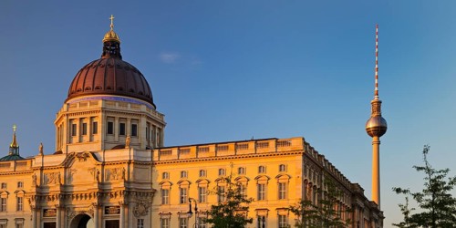 Humboldt Forum with cathedral and television tower in the late evening light