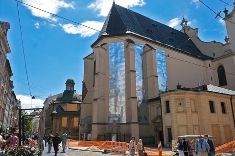 Cathedral of the Assumption of the Virgin Mary with covered windows to protect against blast waves during explosions