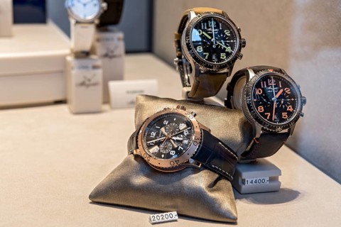 High-quality watches of the luxury brand Breguet in the shop window with price tag