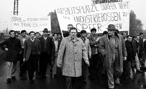 Employees of the Duesseldorf -Reisholz steel and tube works demonstrated on 6 November 1973 in Langenfeld-Immigrath against the loss of jobs