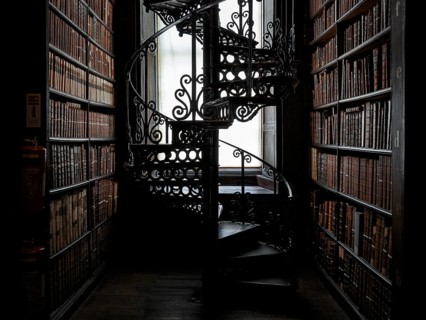 Spiral staircase and bookshelves