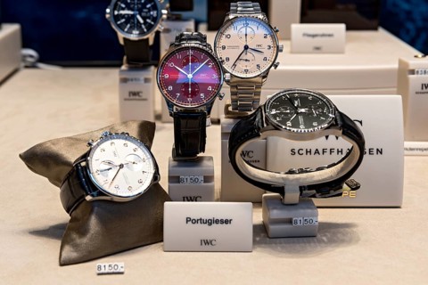 High quality watches of the luxury brand IWC Schaffhausen in the shop window with price tag