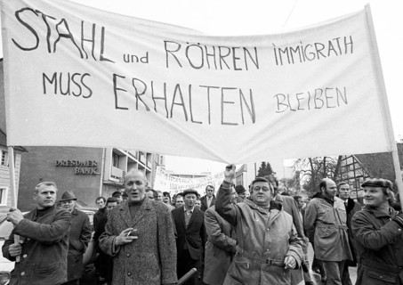 Employees of the Duesseldorf -Reisholz steel and tube works demonstrated on 6 November 1973 in Langenfeld-Immigrath against the loss of jobs