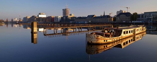 Shipwreck of the MS Dr. Ingrid Wengler in the Spree in early morning light
