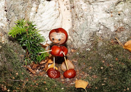 Cute chestnut figure standing in front of birch trunk