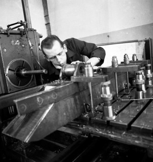 Older workers are retrained in metal trades as locksmiths and lathe operators in the Krupp AG workshops in Bochum in 1967