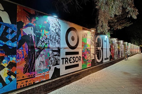 Illuminated wall at the techno club safe at night