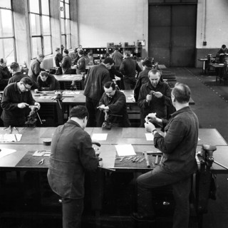 Older workers are retrained in metal trades as locksmiths and lathe operators in the Krupp AG workshops in Bochum in 1967