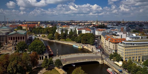 City panorama with the Friedrichsbruecke over the Spree and the Alte Nationalgalerie