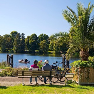 Cyclist on the Ruhr Valley Cycle Path with palm trees