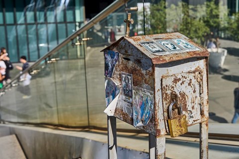 Collection box of the Orthodox Church at the pedestrian bridge in front of the Tbilisi Public Service Hall