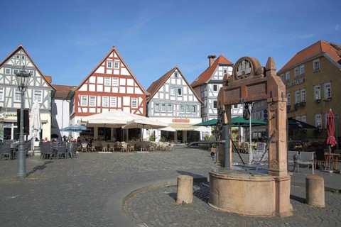 Market square with fountain and half-timbered houses