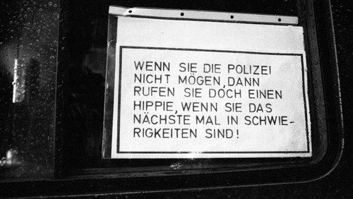 Protest action by young people in Dortmund on 25 March 1971 against the Greek military junta. Notice on police vehicle