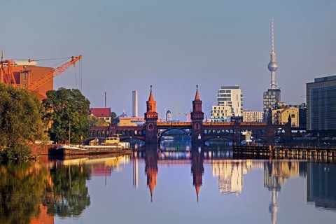 Spree in the early morning with Oberbaum Bridge and TV Tower