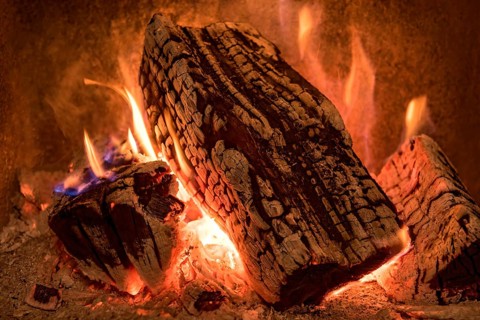 Burning log in the fireplace
