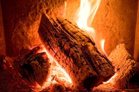 Burning log in the fireplace
