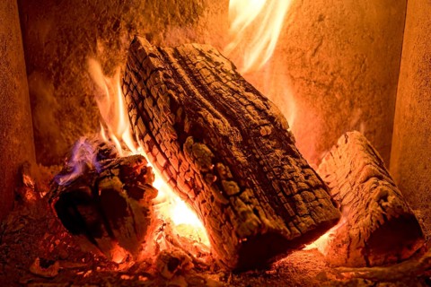 Burning log in the fireplace