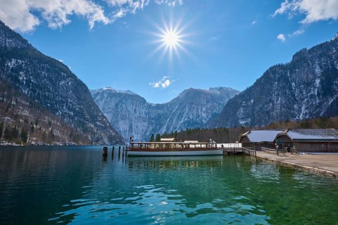 Excursion boat on jetty in St Bartholomae at Koenigsee