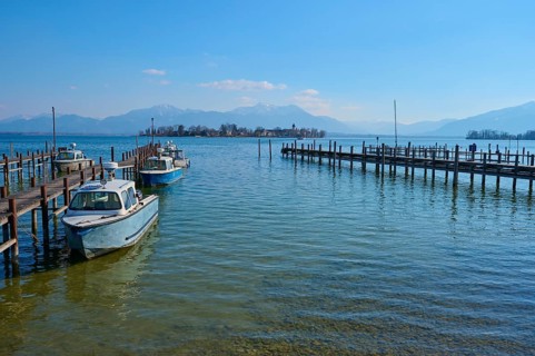 Lake Ciemsee wooden jetty and fishing boat