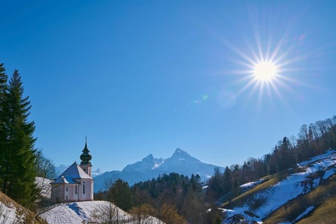 Pilgrimage Church of Maria Gern with Watzmann mountain in winter