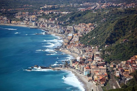 View from the ancient theatre in Taormina to the coastal landscape near Giardini-Noxos