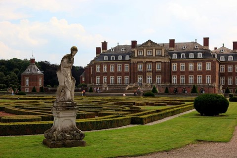 View across one of the lawn parterres to the main building